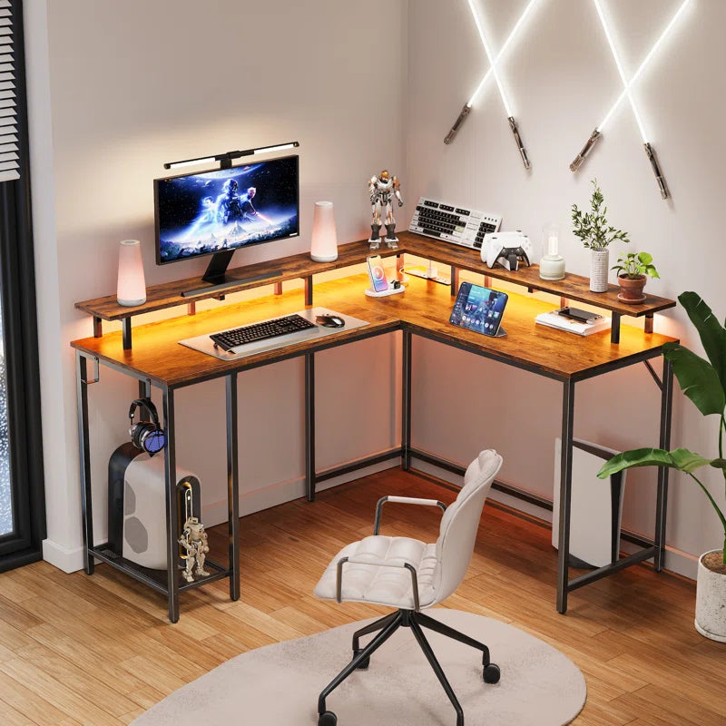 Kamai 54" L Shaped Computer Desk for Home Office Gaming Desk with LED Built-In Outlets with Storage Shelf