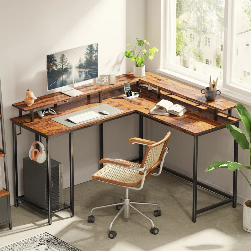Kamai 54" L Shaped Computer Desk for Home Office Gaming Desk with LED Built-In Outlets with Storage Shelf