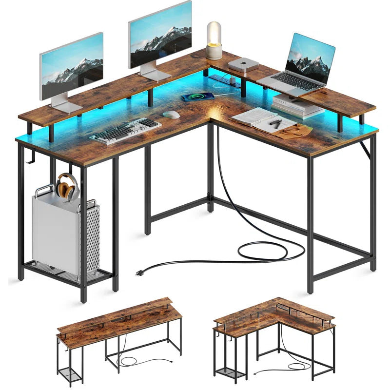 Kamai 54" L Shaped Computer Desk for Home Office Gaming Desk with LED Built-In Outlets with Storage Shelf