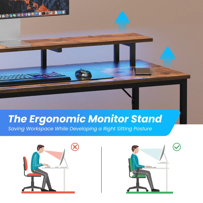 Kamai 54" L Shaped Computer Desk for Home Office Gaming Desk with LED Built-In Outlets with Storage Shelf