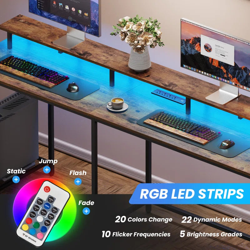 Kamai 54" L Shaped Computer Desk for Home Office Gaming Desk with LED Built-In Outlets with Storage Shelf