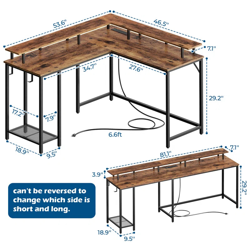 Kamai 54" L Shaped Computer Desk for Home Office Gaming Desk with LED Built-In Outlets with Storage Shelf