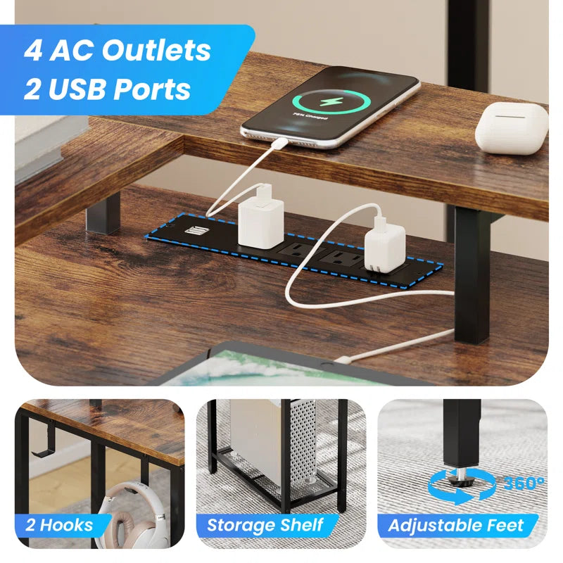 Kamai 54" L Shaped Computer Desk for Home Office Gaming Desk with LED Built-In Outlets with Storage Shelf