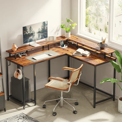Kamai 54" L Shaped Computer Desk for Home Office Gaming Desk with LED Built-In Outlets with Storage Shelf