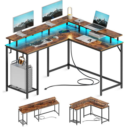 Kamai 54" L Shaped Computer Desk for Home Office Gaming Desk with LED Built-In Outlets with Storage Shelf