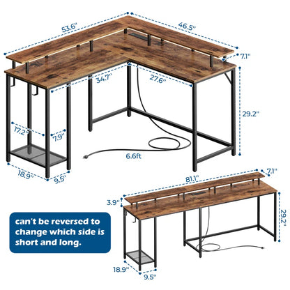 Kamai 54" L Shaped Computer Desk for Home Office Gaming Desk with LED Built-In Outlets with Storage Shelf
